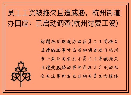 员工工资被拖欠且遭威胁，杭州街道办回应：已启动调查(杭州讨要工资)