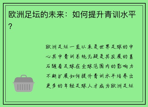 欧洲足坛的未来：如何提升青训水平？