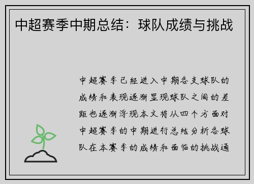 中超赛季中期总结：球队成绩与挑战