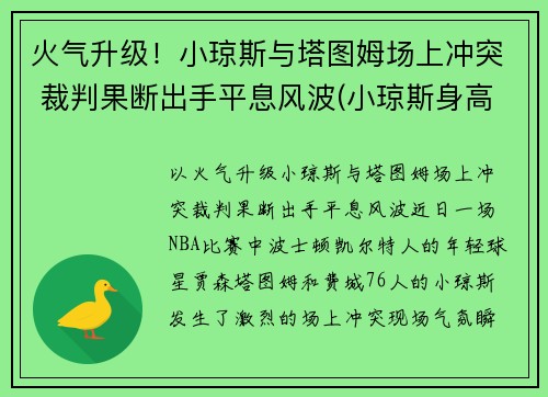 火气升级！小琼斯与塔图姆场上冲突 裁判果断出手平息风波(小琼斯身高多少)