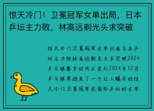 惊天冷门！卫冕冠军女单出局，日本乒坛主力败，林高远剃光头求突破