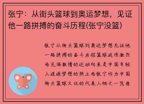 张宁：从街头篮球到奥运梦想，见证他一路拼搏的奋斗历程(张宁没篮)