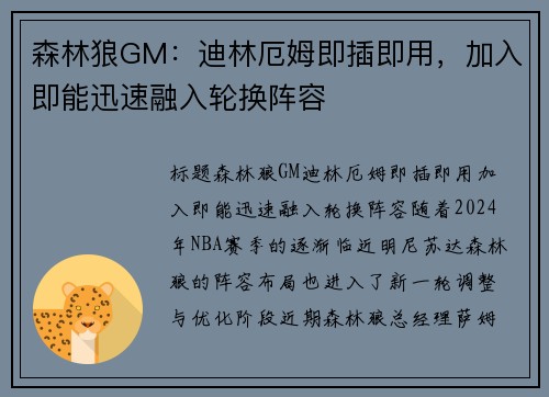 森林狼GM：迪林厄姆即插即用，加入即能迅速融入轮换阵容